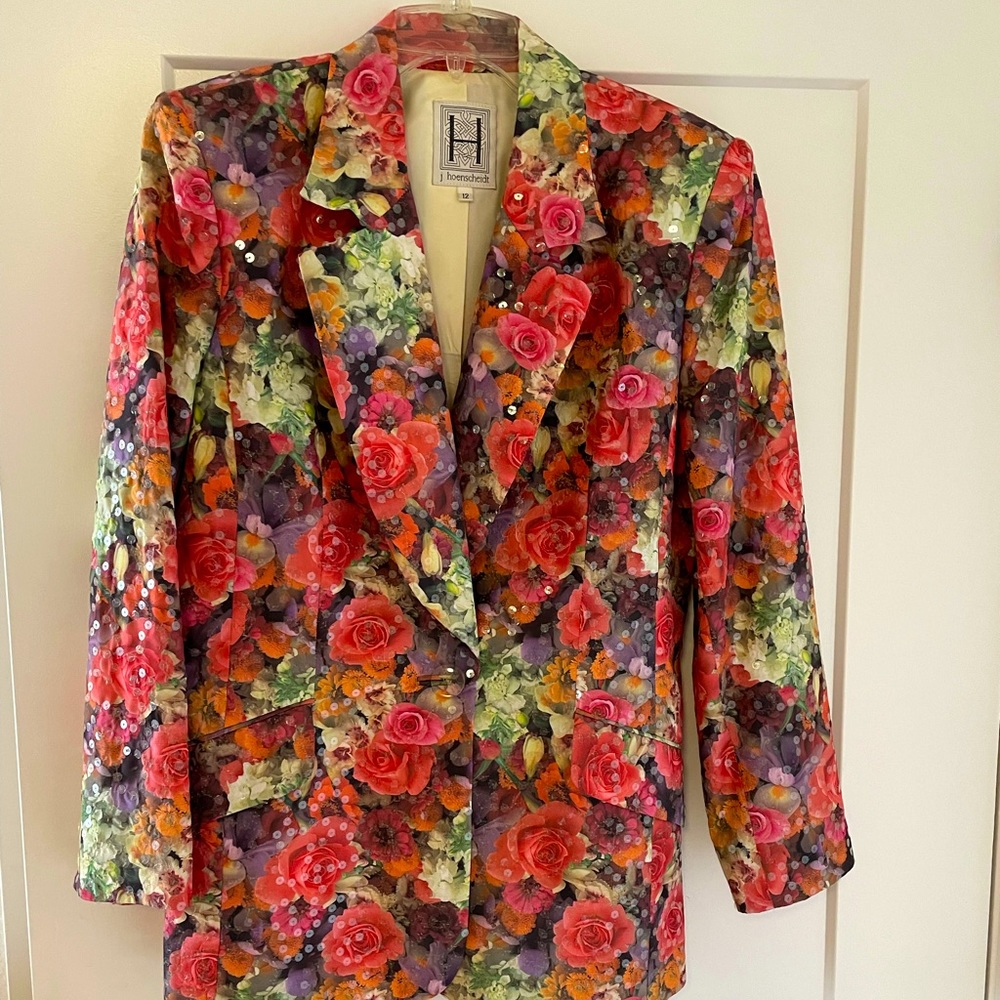 Vintage J Hoenscheidt blazer,photographic rose print, clear sequin allover.